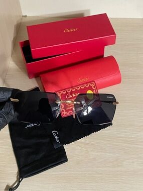 Cartier Men's Rimless Sunglasses in Black with Gold Accents